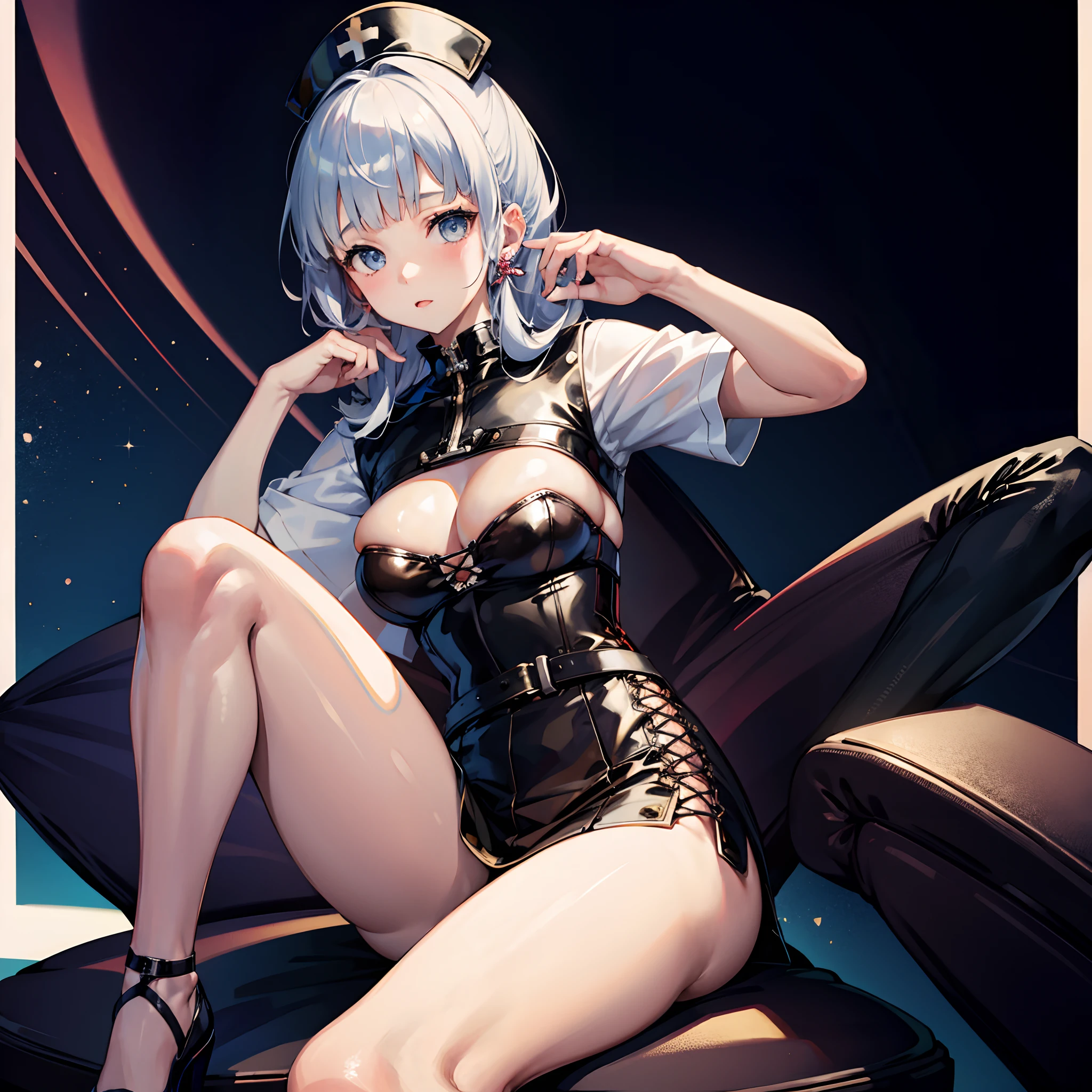 1 girl, solo, Kamisato Ayaka, nurse_dress, large breasts, bandages, sitting on a chair, sexy pose, lingerie