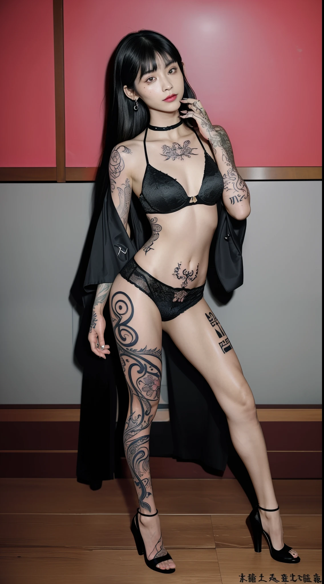 Close-up of 1 18 year old girl,Her face was covered with tattoos ((Japanese live-action actress)),((Realistic effect and clarity of DSLR cameras)), ((cabelos preto e longos,By bangs)), ssmile,((There are various tattoos on the face)), Fleshy lips,largeeyes,freckles on face ,red lipsticks,( Itching of the lips),choker necklace, 耳Nipple Ring, and makeup, ((Full body skin tattoo)),((Tattoo designs are dominated by female portraits)),((There are similar tattoo designs on underwear)),looking at the camera in,Frontal photo,Side photo,Back photo,((high-heels)),Bigchest,slenderlegs,Slim,Less clothes,
