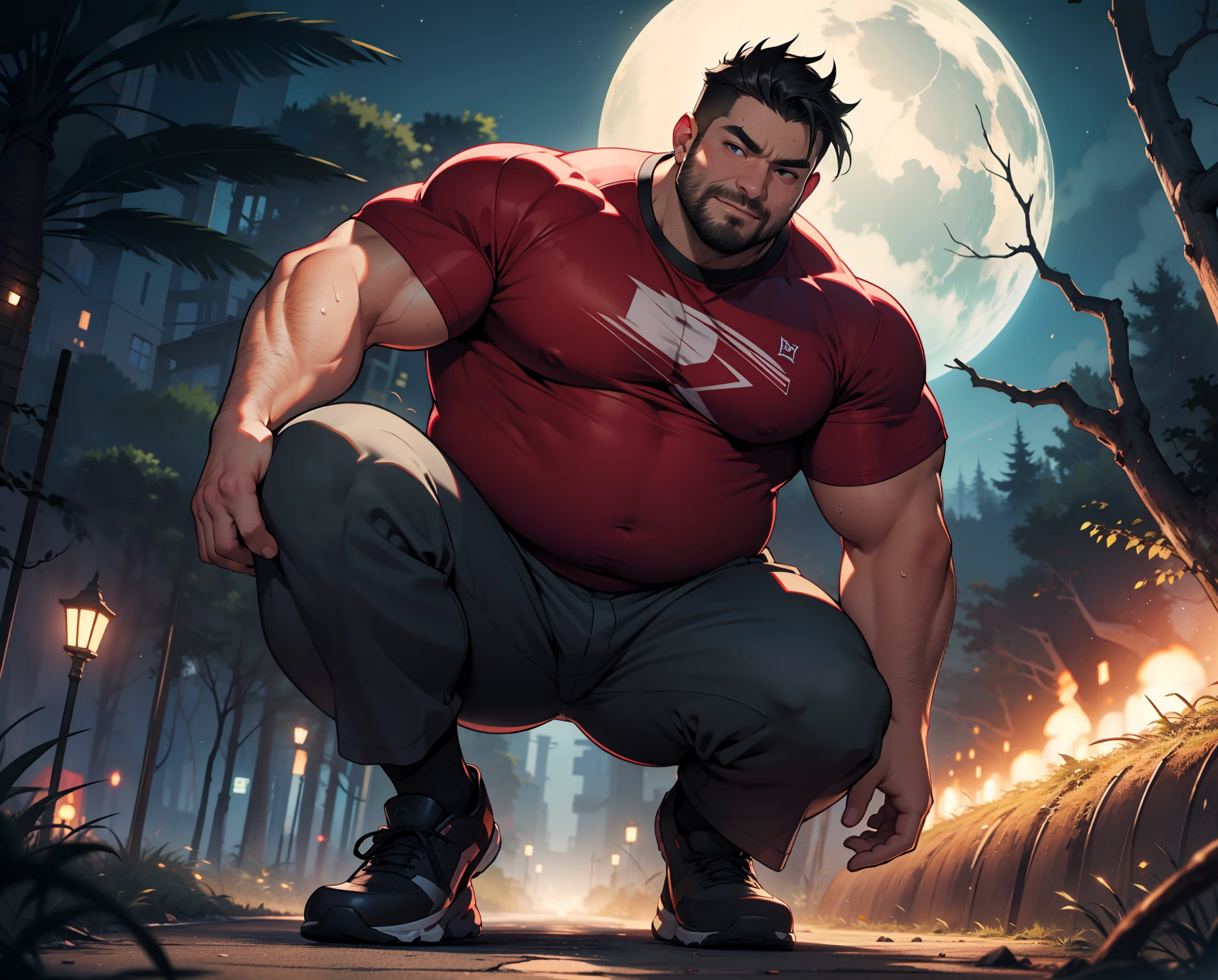 tmasterpiece，Chubby man ，hairy，potbelly，Sweaty body ，Bare body，with short black hair，thick leg ，giant root，Red face，Black socks，deep in the night，parks，Very fat figure，with a round face，