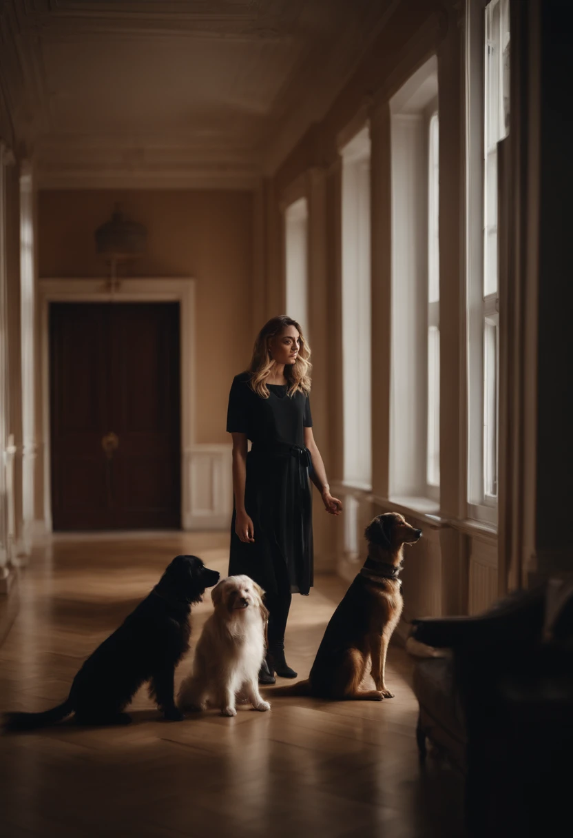 femme dans un hall d'immeuble avec 2 chiens