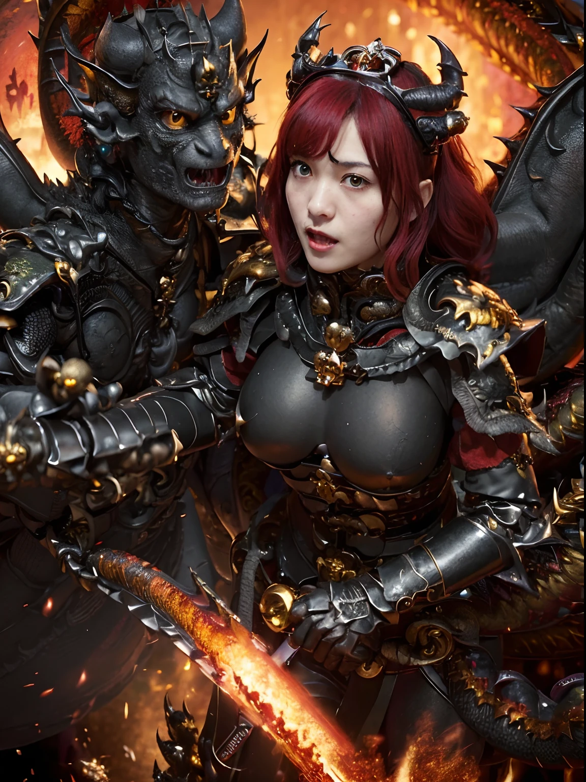 (The Ultimate Beauty Face), Professional , ​masterpiece、top-quality、photos realistic , depth of fields （Gemstone Black Metal Body:1.4),(Matte Black、（cleavage of the breast）、Dragon Gold Weapon,Mystical expression、Particles of light、((((Fight dragons)))、（Dragon Metal Body:1.４),Gorgeous Silver Weapons ,（（ Dragon's dense and gorgeous sword）） , Beautiful knife   ,warhammer 40k , adepta sororitas,Detail and gorgeous crown、（（Red hair））、（Castle background）、、（（Gangle's forest background））、Beautiful Caucasian beauty、１a person、dynamic ungle,(((Detailed and ornate Black Devil Crown)))、Smaller head、A smile、Castle background、Thin and beautiful female hands、cleavage of the breast、Soldier in iron armor on background、Mystical expression、Light Effects、intense fighting、Wind-effect、magic circles、With the legendary magic wand、（demonic wings）、
