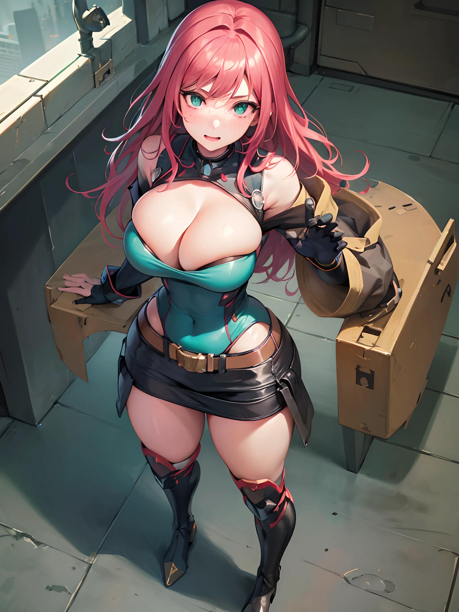 ((Best Quality)), ((Masterpiece)), (shot from above:1.4), (Very Detailed: 1.3), 3D, Icaru valkirie-mecha, Beautiful cyberpunk woman wearing crown with her red and blue mecha in ruins of a forgotten war city, long red hair, sci-fi technology, HDR (High Dynamic Range), ray tracing, nvidia RTX, super resolution, unreal 5, subsurface scattering, PBR texture, post-processing, anisotropic filtering, depth of field, maximum sharpness and sharpness, multi-layer texture, specular and albedo mapping, surface shading, statue of a perfect woman, Big breasts, (skindentation:1.4), cleavage, showing cleavage, light green eyes, pink high heels, open sky with sun, (mature face:1.4), big ass, standing on his back looking back, show more ass, hands on ass, freckles on face, freckles on ass