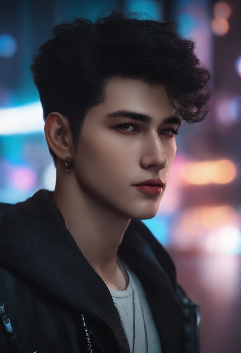 Change background cyberpunk handsome boy, realistic face, 8k, ultra realistic