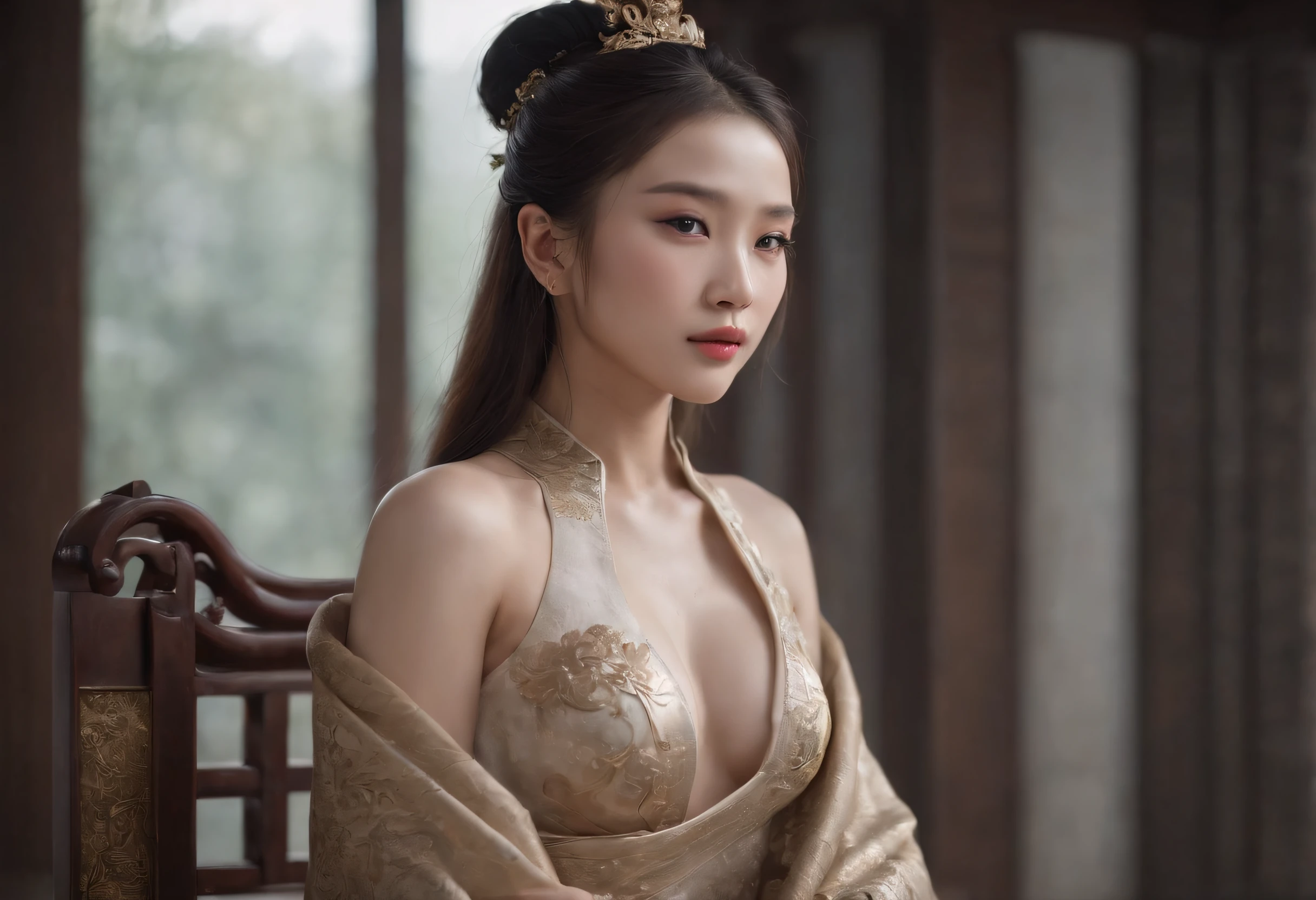 Feng Shen List，tmasterpiece，ultra fine photos，，best qualtiy，超高分辨率，Photoreality，Chiaroscuro，（full-body portraits），stunningly beautiful，dynamicposes，delicated face，Bigchest，Murderous eyes，（seen from the side），She wears gold ancient Chinese armor，very highly detailed background，detailed face with，Detailed and complex busy background，untidy，opulent，milkyW，Highly detailed skin，Realistic details of skin，Visible Pore，tack sharp focus，volume fog，8k uhd，digital SLR camera，high qulity，filmgrain，White skin of the，photo-realism，lomography，The palace of the Yin Shang King in ancient China , look from down, semi transparent, large breasts, showing cleavage, full body shot camera angle, lotus tattoo on forehead, perfect body: 1.4, Slim abdomen: 1.2, sitting on chair with legs up,