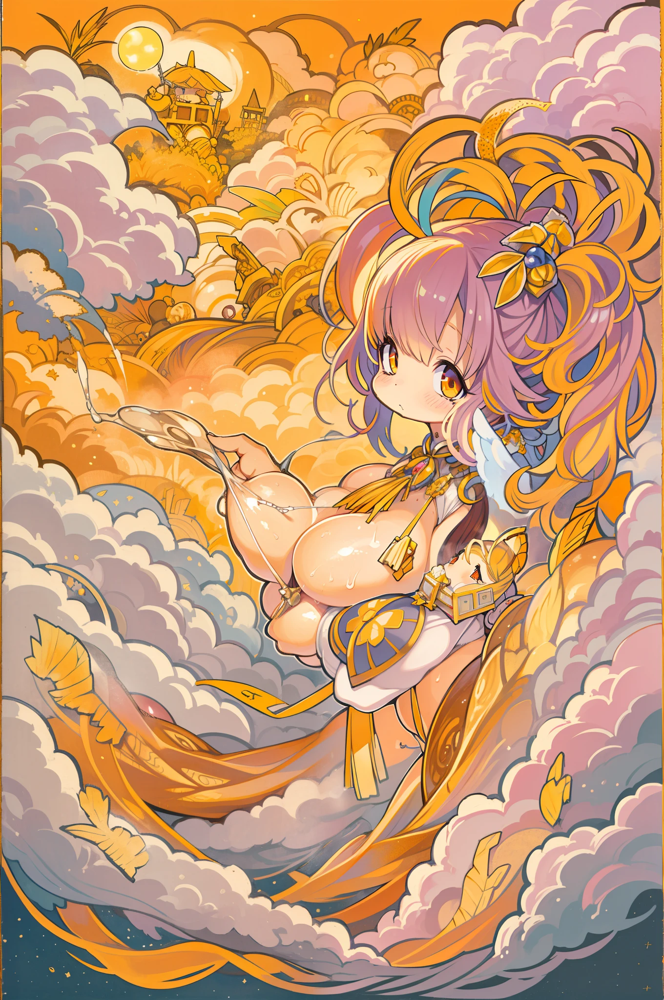 Angelic beings without human affection, Creator of the universe, myth, Image background, Heavenly Mountain々scenario, Orange clouds. The style of the image should be in the cartoon, With strong and impressive strokes, Eta、A touch to mythology and angelic characters 、huge-breasted、thick thight、big butts