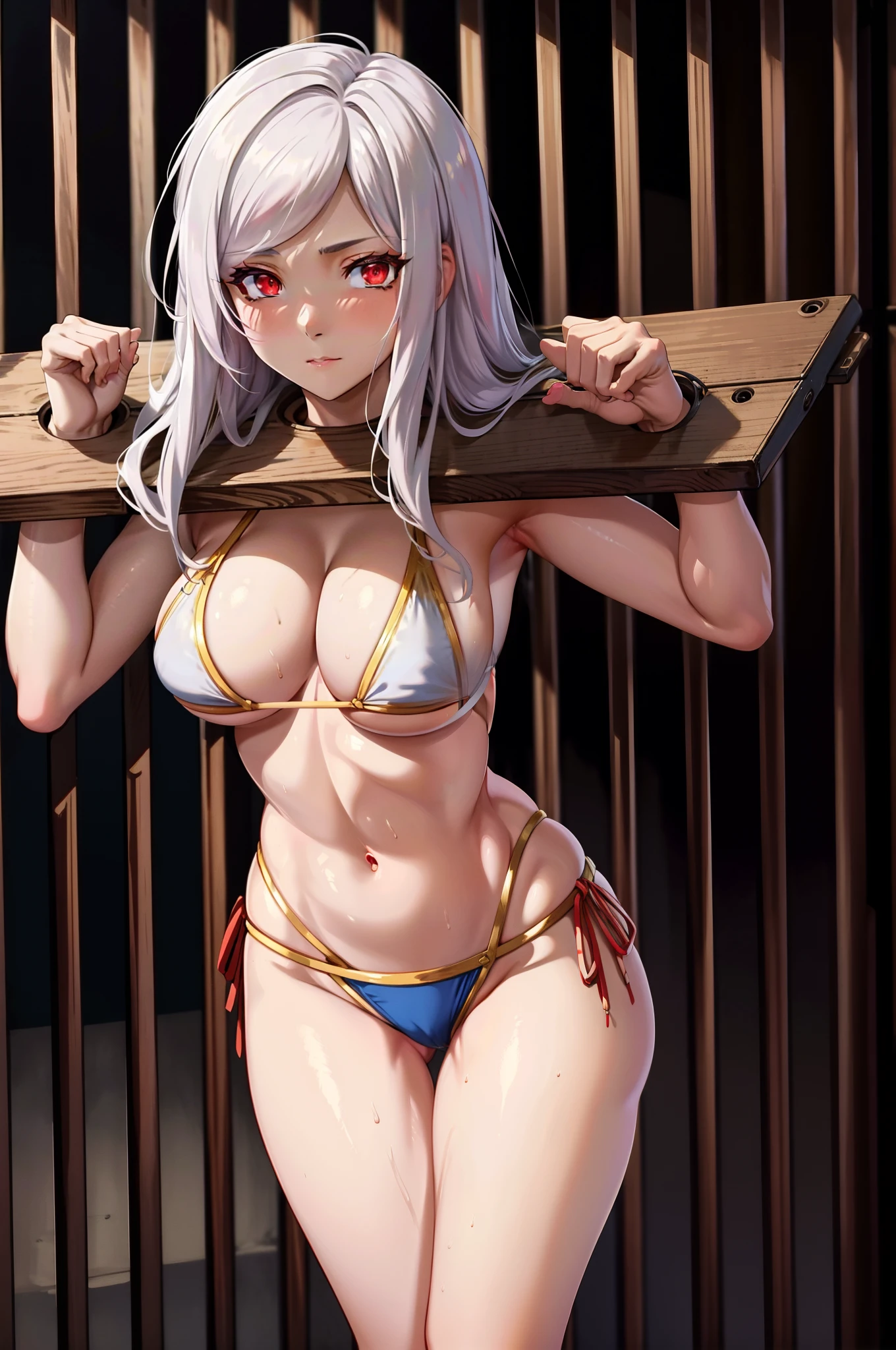 pillory,white hair,red eyes,swimsuit