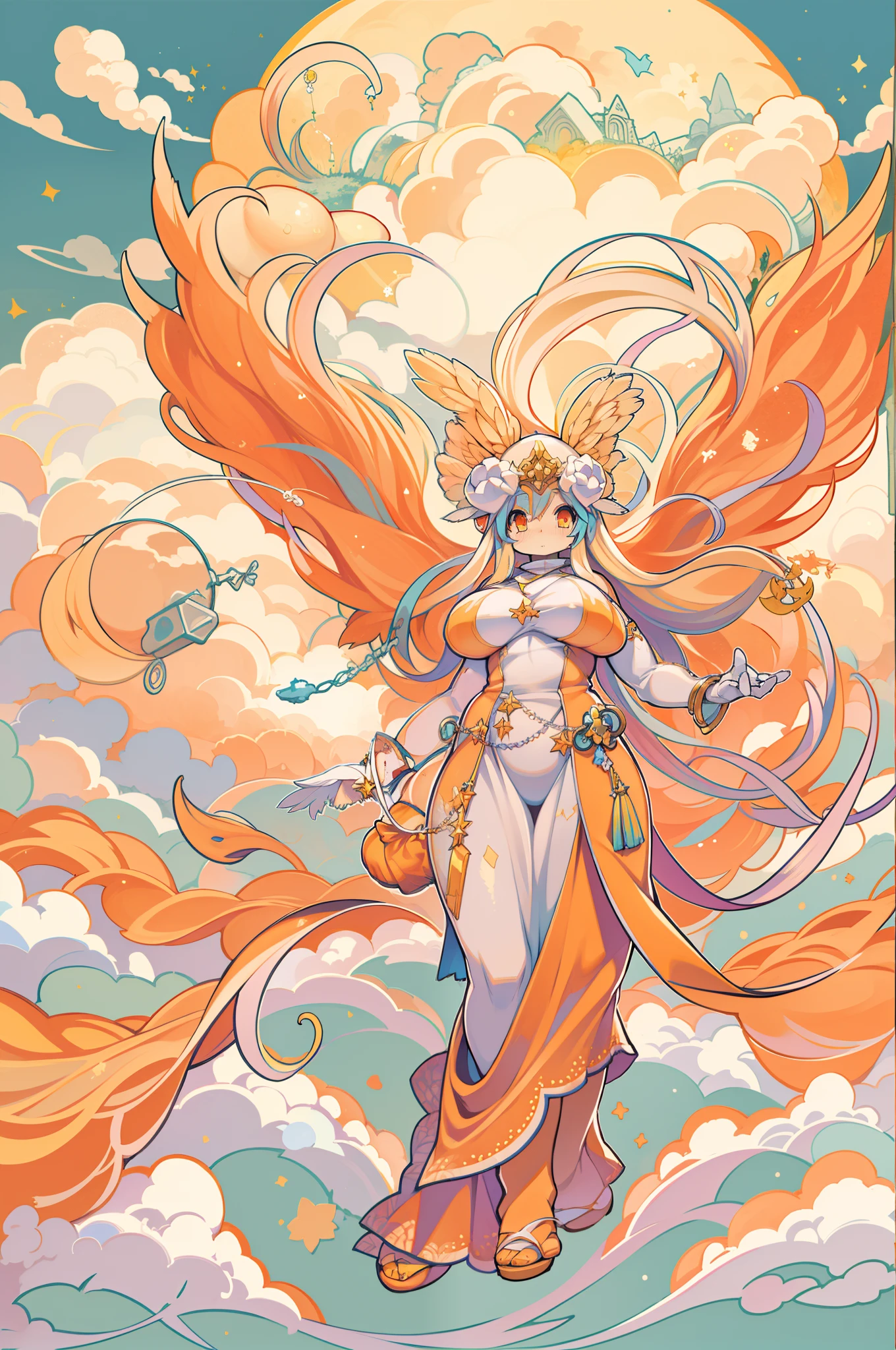 Angelic beings without human affection, Creator of the universe, myth, Image background, Heavenly Mountain々scenario, Orange clouds. The style of the image should be in the cartoon, With strong and impressive strokes, Eta、A touch to mythology and angelic characters 、huge-breasted、thick thight、big butts