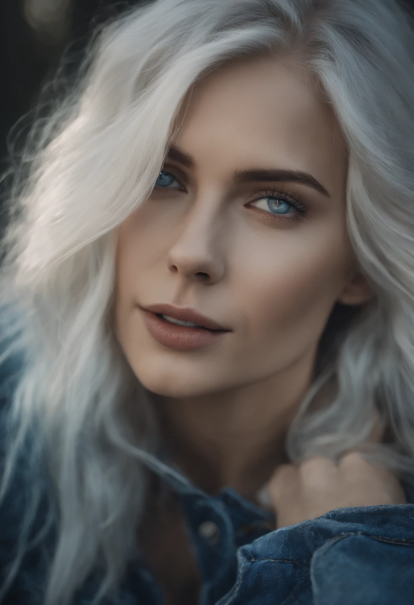 1girls, Long white hair, blaue Augen, offenes rotkariertes Hemd, zerrissene Blue Jeans, Halskette, hight resolution, ultrascharf, 8K, Meisterwerk, Blick auf den Betrachter