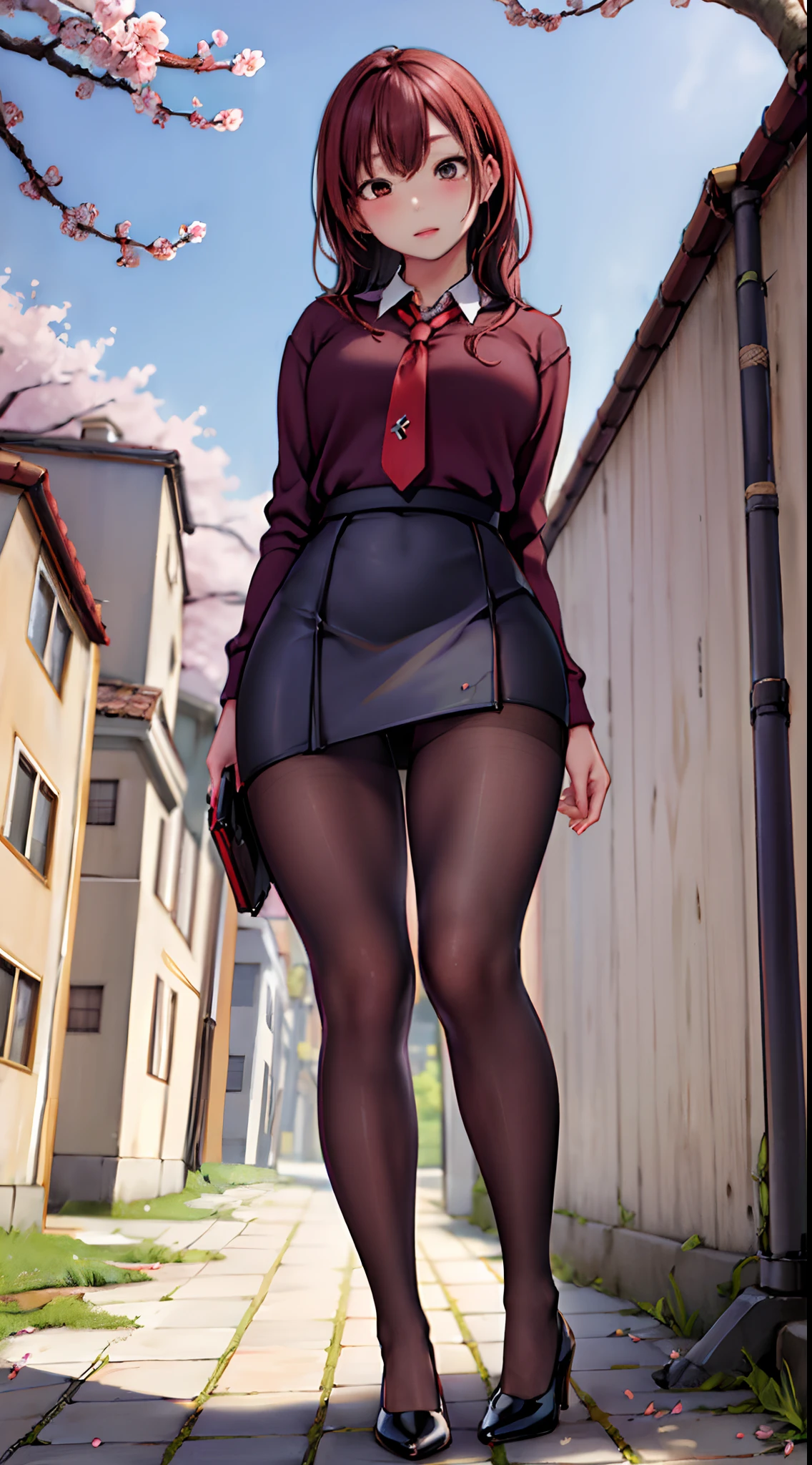 masterpiece, best quality,4girl,young girl, plum_pie eyes, brown, choppy bob,envious _face,shiny skin,medium breasts,nice leg line:1.3,thick thighs, thin waist,school uniform, thighhighs,necktie,((pencil skirt)),red color high heels, pantyhose, , Pathway_lined_with_blooming_cherry_blossom_trees,,looking at viewer,from below,full body, legsupsexms,