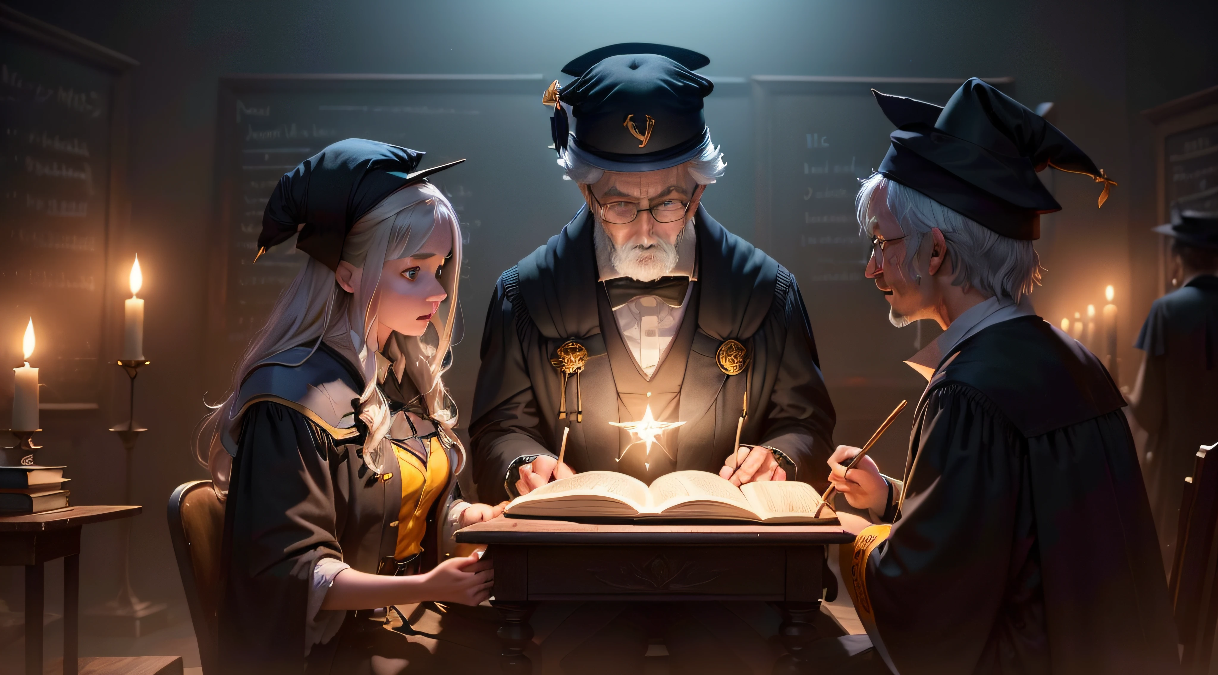 (Professors and students:1.4) in a school of magic, un vieux professeur (cheveux blanc, Long manteau noir et jaune) teaches young sorcerer students (en cape noir et chapeau pointu), la magie. des follet bleue, Wand in hand spells come out of students' wands. Ultra Detail, 16K, photo realist.
