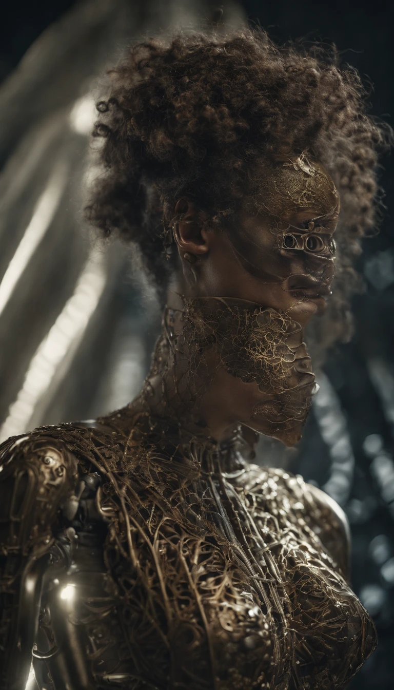 mj, cinematic close up photo of an ethereal neural network organism, divine woman, anatomical face, biomechanical details