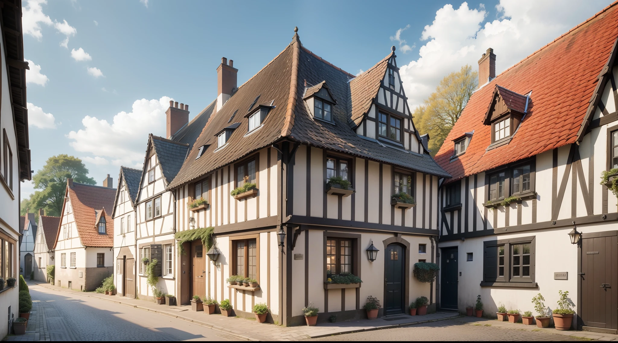 North Europe, either North France or England or Netherland or Hamburg, exterior view, residence's street, vulgar, simple, poor, 15th century, medieval