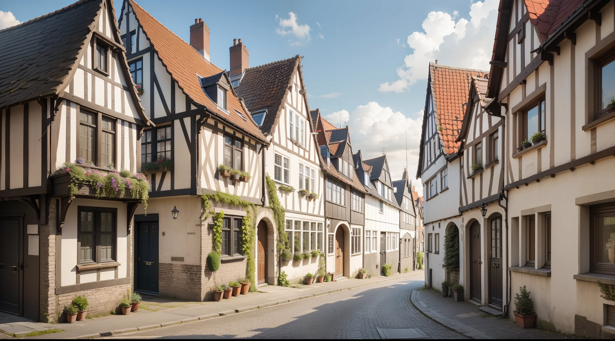 North Europe, either North France or England or Netherland or Hamburg, exterior view, residence's street, vulgar, simple, poor, 15th century, medieval