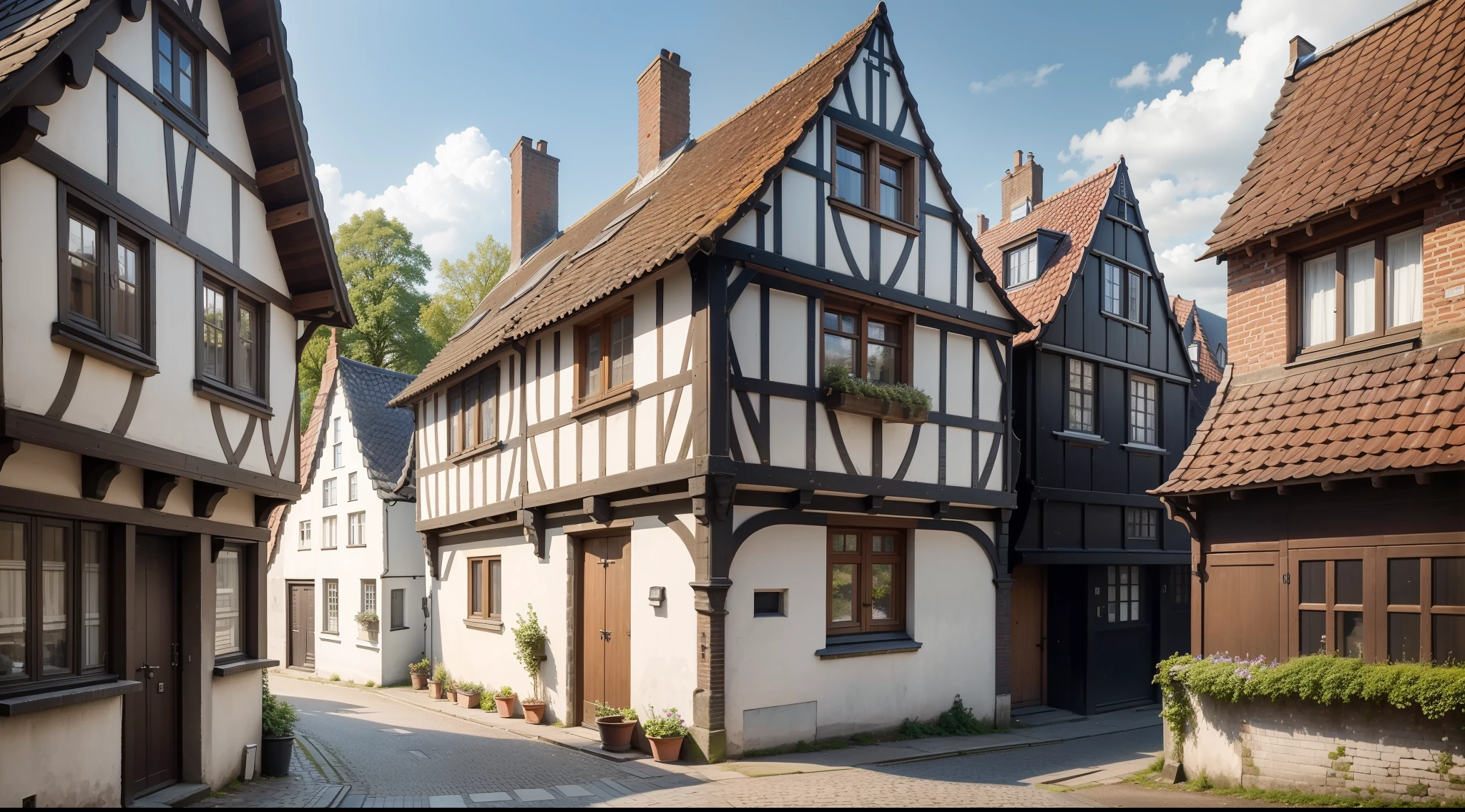 North Europe, either North France or England or Netherland or Hamburg, exterior view, residence's street, vulgar, simple, poor, 15th century, medieval