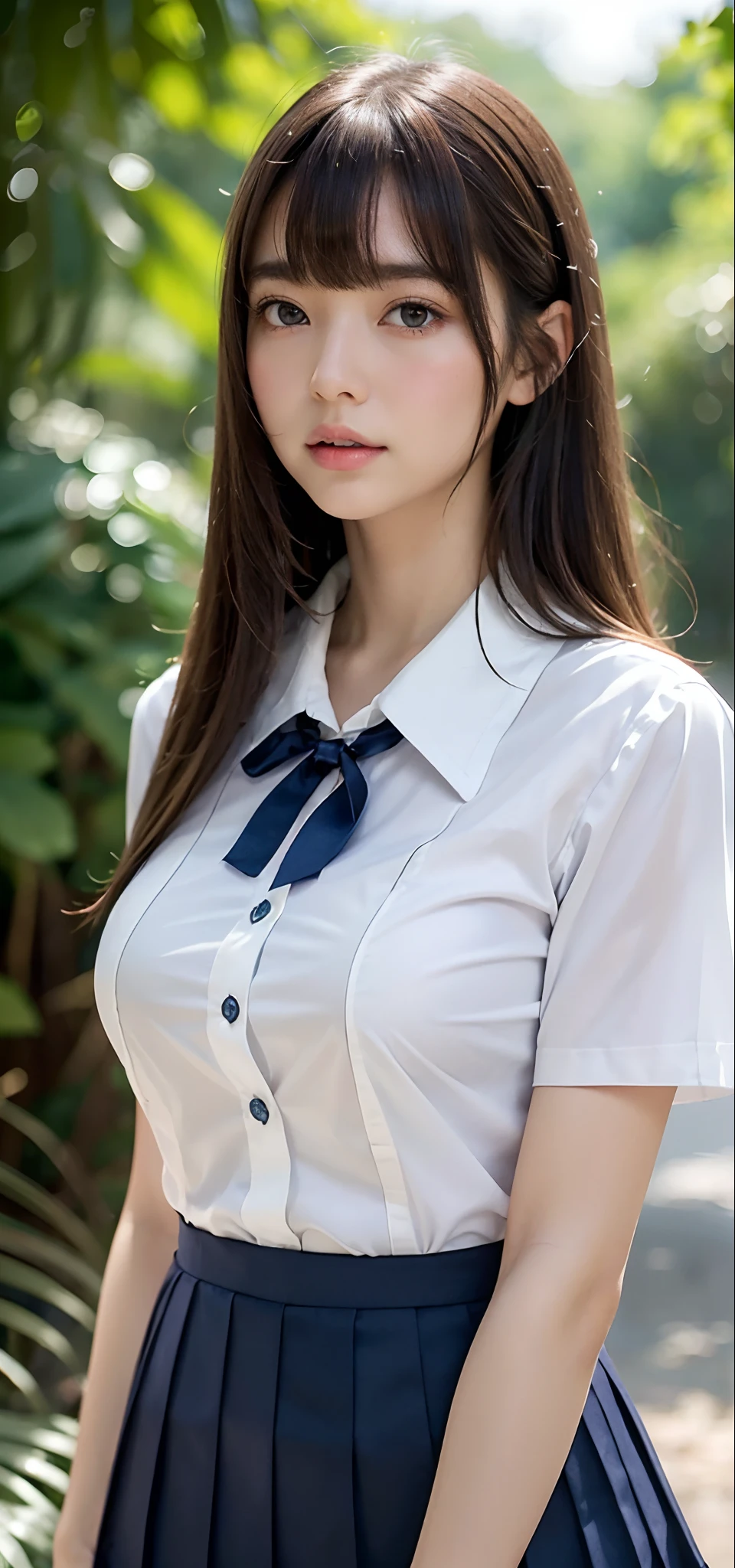 1womanl, up of face, Colossal tits,light brown hair, Blunt bangs, hair behind ear, hair over shoulder, Long hair, slender body shape, Ultra Fine Face, Thin face, Delicate lips, Beautiful eyes, thin blush, eyes are light brown, perfect glossy skin, flawless skin, Glistening sweat,View here, Ultra-thin hands, Ultra-fine fingers:realisitic:1.3), Broad-leaved forest, One-person viewpoint, Fuji Film, 8K, masutepiece, nffsw, Super Detail, High quality, Best Quality, hight resolution, ((Don't show your fingertips))、the golden hour Beautiful light, (((Schoolgirl Uniform)))、(((White Short Sleeve Low Cut Front Button Shirt、Dark blue ribbon)))、((Ultra Micro Mini Dark Blue Pleated Skirt)) ((Colossal tits)) (((Positive image:1.3)))