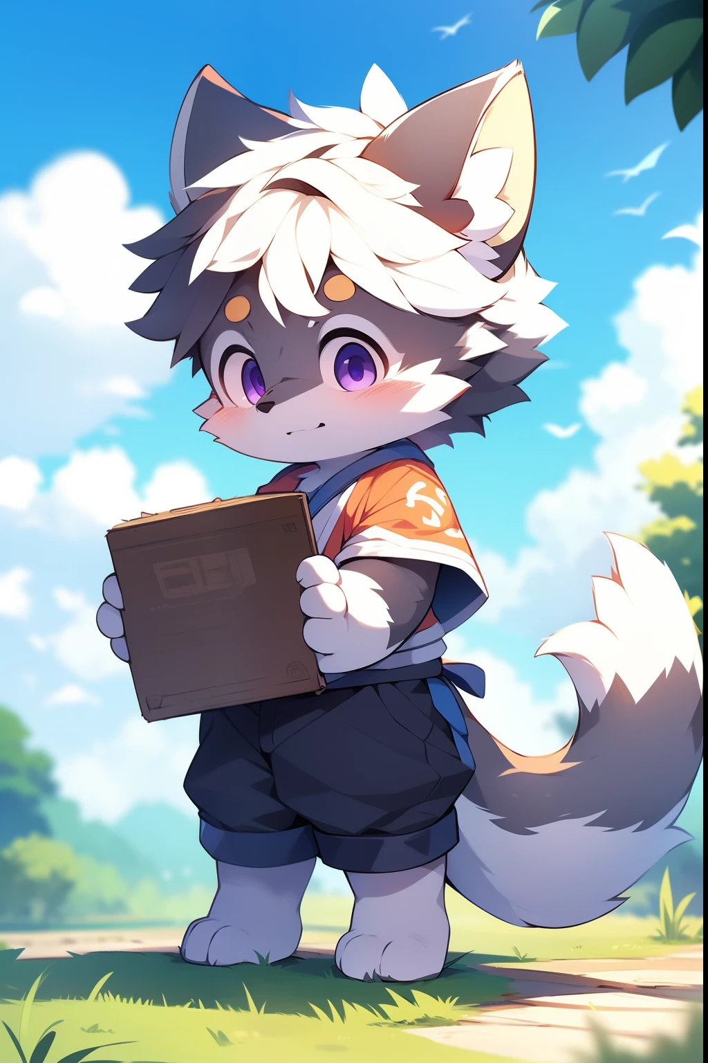 solo person,shaggy male,hairy bodies,shoun,coyote,canid,Gray fur,long white hair,The ends of the hair are purple,Purple eye,Bullied,adolable,Handsome,large tail,full bodyesbian,Stand on the clouds,Immortals,Deities,Libido boy,Shota