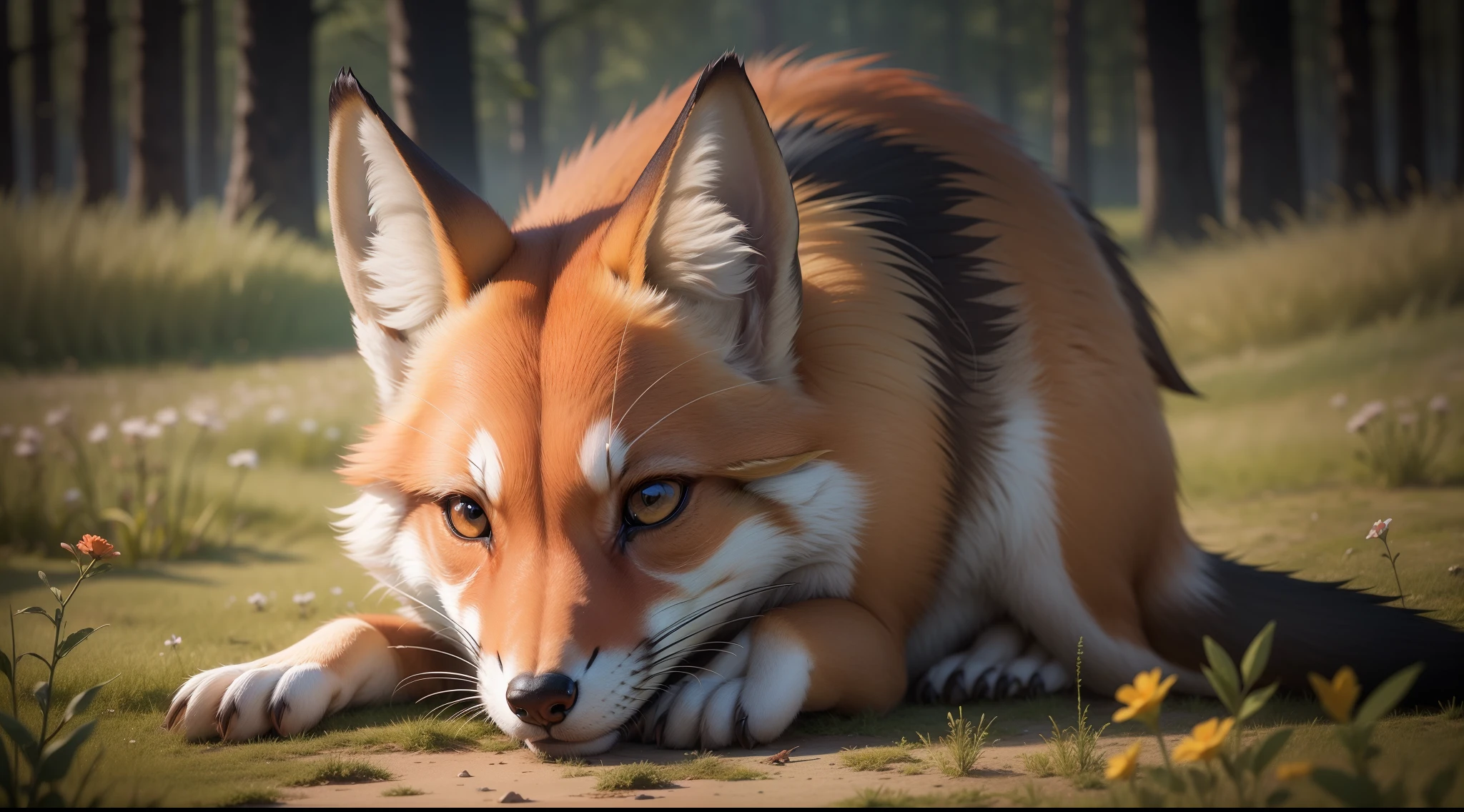 (renarde et renardeaux et souris) Ecole de la nature , Mother fox eats a field mouse (Muloter (Fouiller les caveaux du mulot)) ses renardeaux la regardent plus loins. Mulotter method of the red fox. Ultra Detail, 16k, photo realist, Photoshop. Canon 5d4, Sigma 500 F/4.(prairie fleurit, forest in the distance)