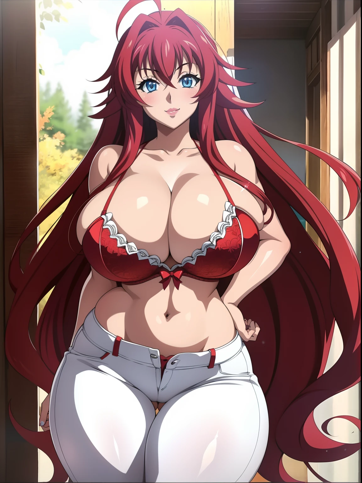 Highschool dxd, Rias Gremory, 1girl, (((bimbo))), blue eyes, puffy lips, painted lips, thick lips, wide hips, thick thighs, big breast, huge ass, revealing cleavage, erotic, smile face, bubble butt, camel toe, hitomi Tanaka breasts, huge breasts, white jeans, bra, posing,