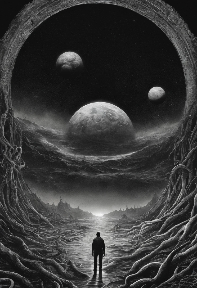 There is a planet in the middle, tentacles in universe, lovecraftian inspiration, Lovecraftian cosmic fear, lovecraftian hellscape, fantasy and cosmic horror movie, Lovecraftian atmosphere, lovecraftian, a planet in open space