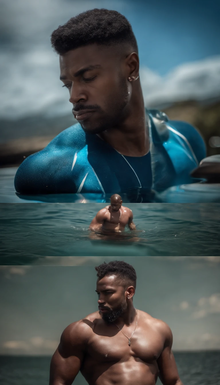 A fit handsome naked and muscular black man, bodybuilder physique, blue jockstrap, a diver swimming in a vibrant underwater setting, full body image, seen from below