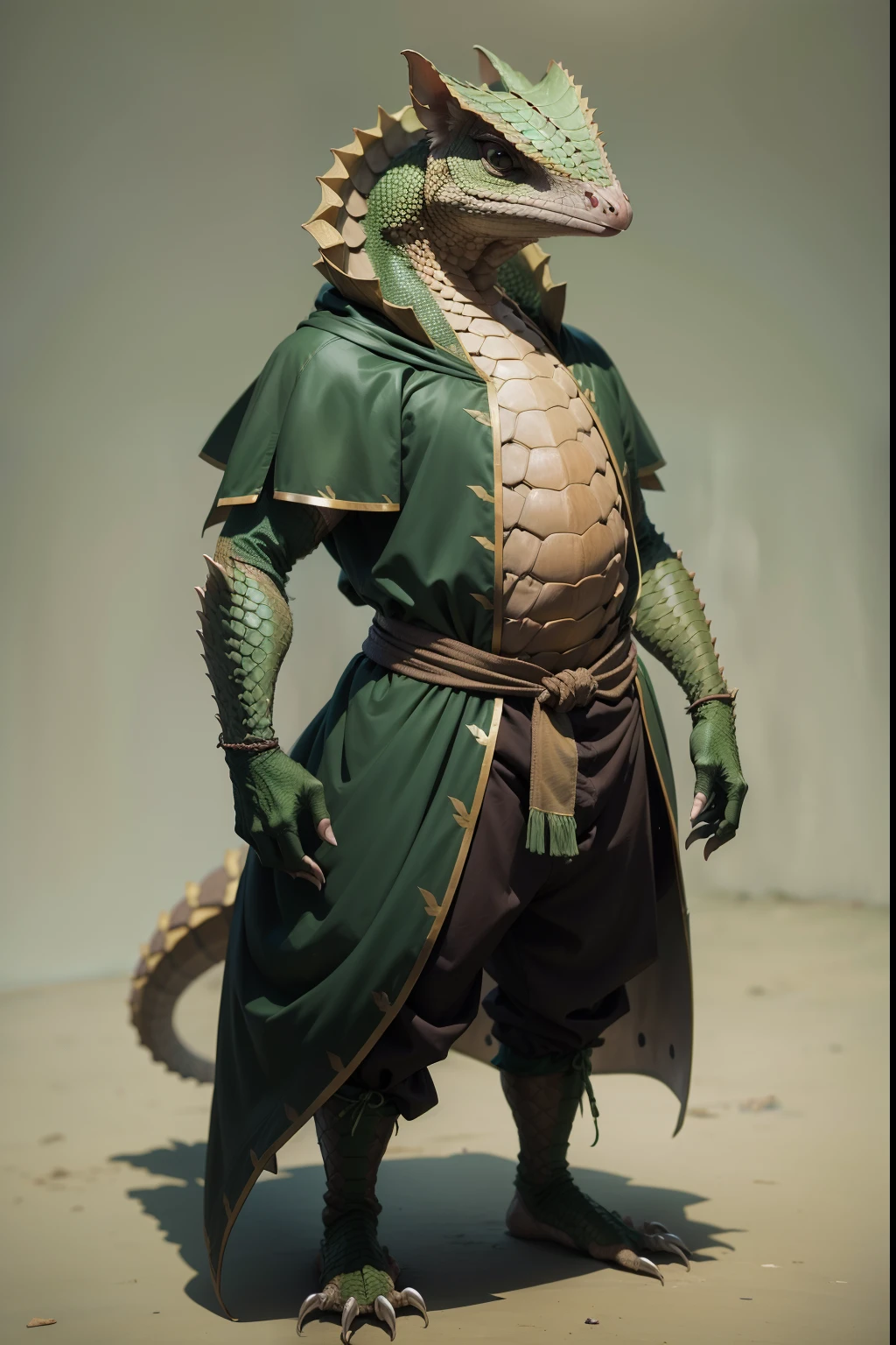 pangolin, The Lizard Cannibal , humanoid, Furry, inhabitant, frontal view, stands, Resident's clothes, green lizard skin, Medieval clothes of the inhabitant, dressed in the clothes of a resident, Background of neglect