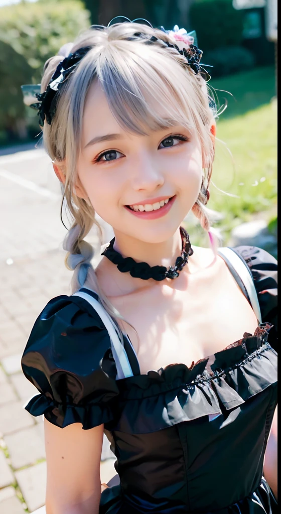 (ultra-detailliert), Cute princess dresses in black color,(frilly dress),(shortsleeves),Blue eyes,The upper part of the body、a closeup、faces、(A smile:1.5),(facing front:1.2), 20yr old, s girl,no tail,(no tail),2D, masterpiece, top-quality, animesque, A detailed eye, A detailed face, girl with, Only 1 person,Silver Hair Medium Hair, (Silvery hair), Ear Hair, small tits, Single braid, (Single braid), (Side braid), Pink ribbon, Ribbon around the neck, (White sleeves), Background bokeh