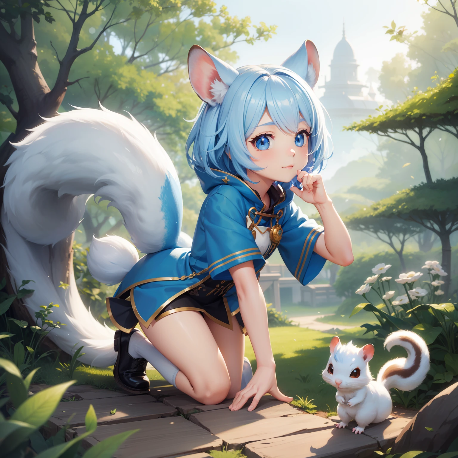 There is a small white squirrel with an acorn in his hand, Chibichara A cute girl with blue hair is also with me。It is a cute costume in white and blue。Dark eyes。cute forest creature, Adorable Digital Painting, cute detailed digital art, the squirrel king, Cute digital art, cute cartoon characters, cute character, CuteCreatures, Cutie, official illustrations, Official art, squirrel, maplestory mouse, astri lohne, cute 3d render
