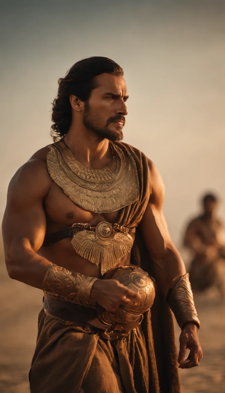 (an incredibly beautiful),(best illumination, golden light, brightly shining),(a handsome hugely muscular tanned warrior man with a tiny waist and tattoos over his whole body),(surrounded by voluminous sheer transparent turquise gauze fabric:1.2),(naked:1.5),(bronze arm armour),(walking over dunes),(gazing), alluring stance