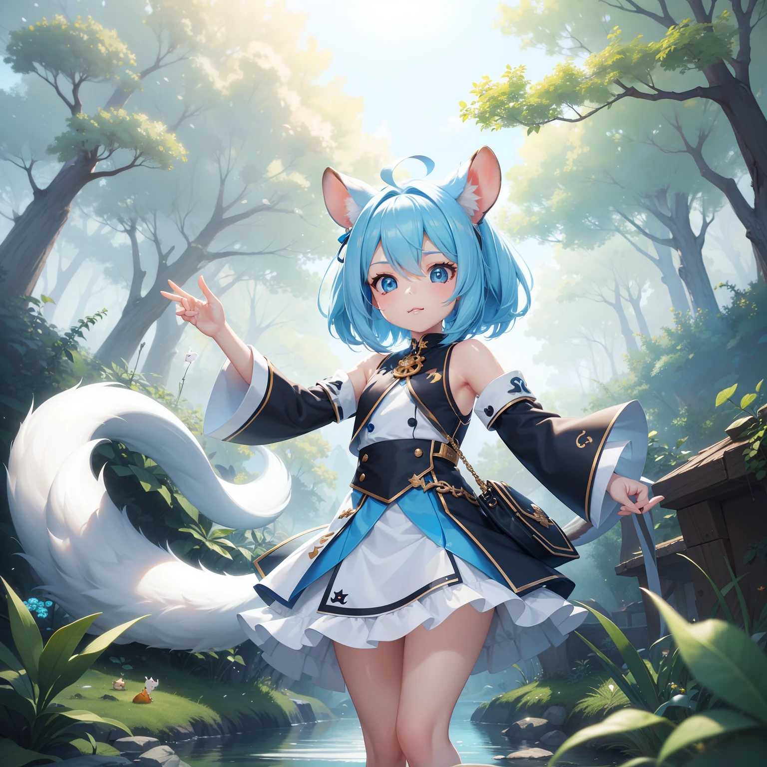 There is a small white squirrel with an acorn in his hand, Chibichara A cute girl with blue hair is also with me。It is a cute costume in white and blue。Dark eyes。cute forest creature, Adorable Digital Painting, cute detailed digital art, the squirrel king, Cute digital art, cute cartoon characters, cute character, CuteCreatures, Cutie, official illustrations, Official art, squirrel, maplestory mouse, astri lohne, cute 3d render
