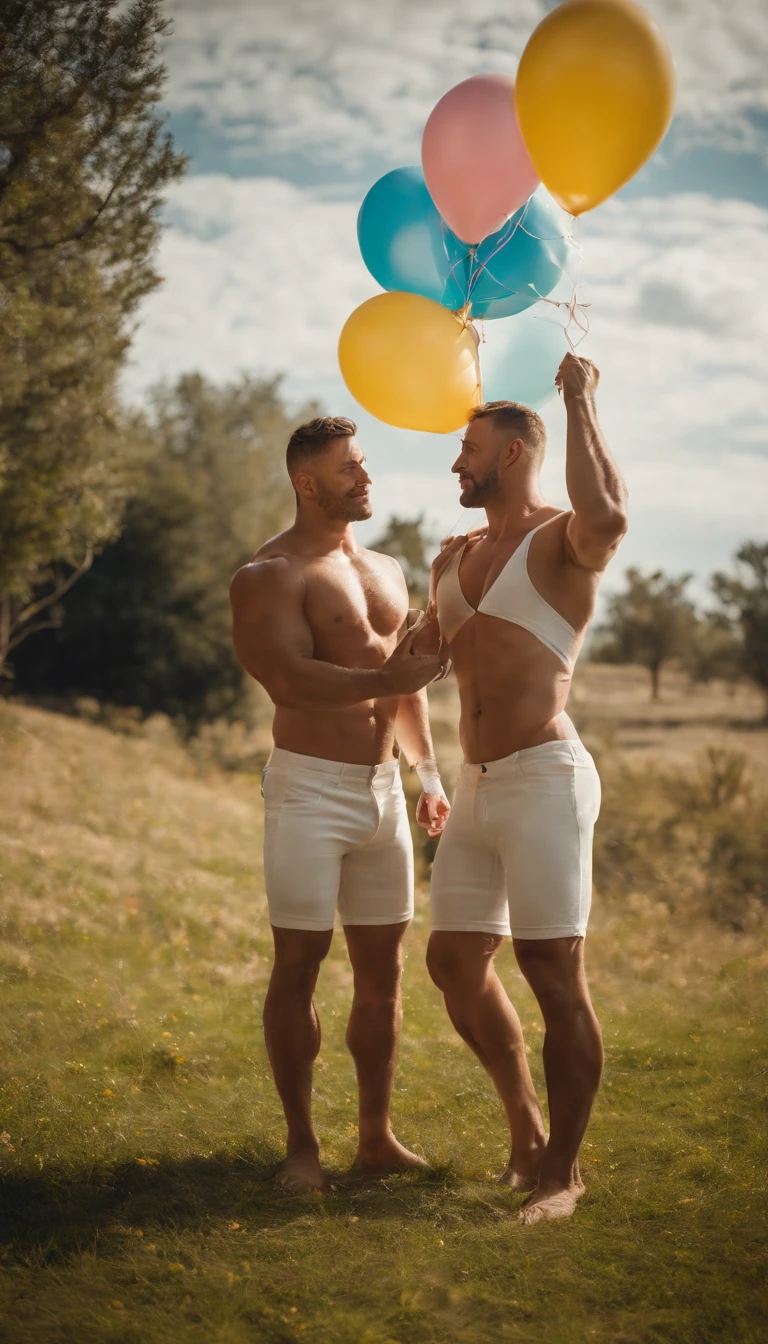 (high quality, stunning photography), two handsome muscular men with tiny waists wearing white jockstraps, back men, kissing, floating into a clear blue sky while holding a bunch of balloons in one hand.