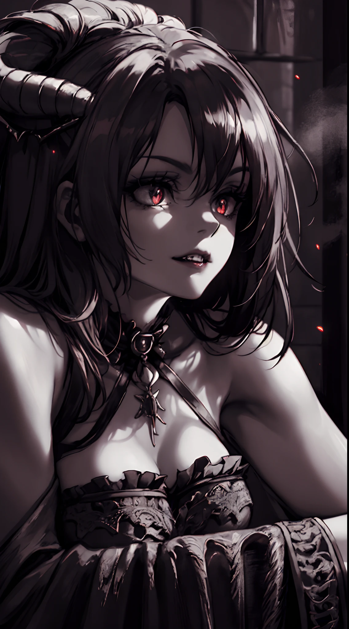 1 girl, upper body, single focus, alluring beauty, vampiric attire, hypnotic gaze, (vampire fangs: 1.4), (gothic castle: 1.3), pale complexion, mysterious aura, [depth of field, ambient lighting, candlelit crypt foreground, eerie castle background], ancient castle, dark secrets, flickering candles, (misty graveyard), (iron gate: 1.2), intricate details, enhanced lighting.