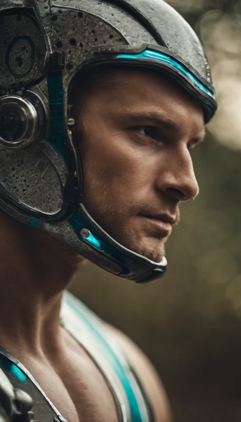 a photorealistic image of a muscular blonde handsome man from the future wearing transparent skintight turquoise and white space uniform including a decorative jockstrap, dynamic pose
