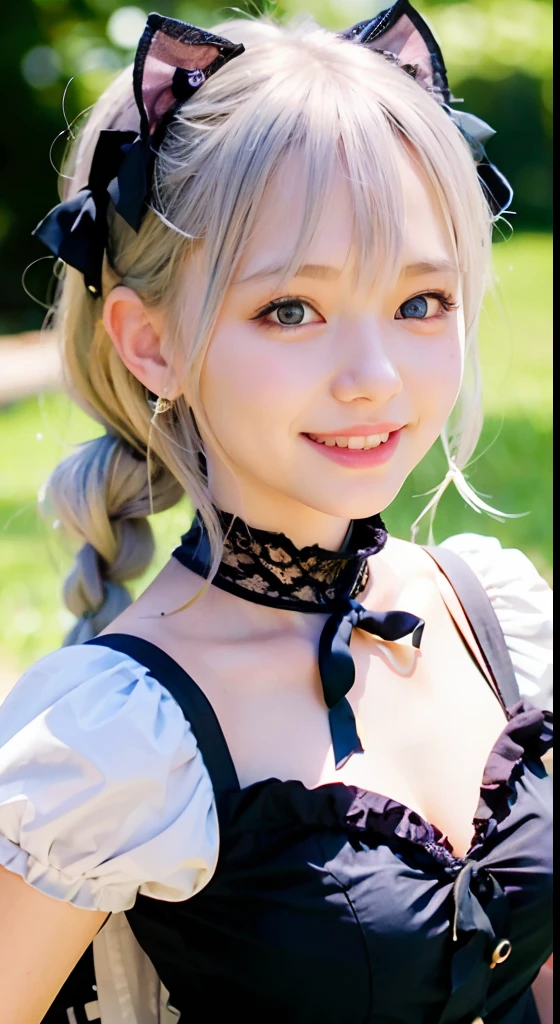 (ultra-detailliert), Cute princess dresses in black color,(frilly dress),(shortsleeves),Blue eyes,The upper part of the body、a closeup、faces、(A smile:1.5),(facing front:1.2), 20yr old, s girl,no tail,(no tail),2D, masterpiece, top-quality, animesque, A detailed eye, A detailed face, girl with, Only 1 person,Silver Hair Medium Hair, (Silvery hair), Ear Hair, small tits, Single braid, (Single braid), (Side braid), Pink ribbon, Ribbon around the neck, (White sleeves), Background bokeh