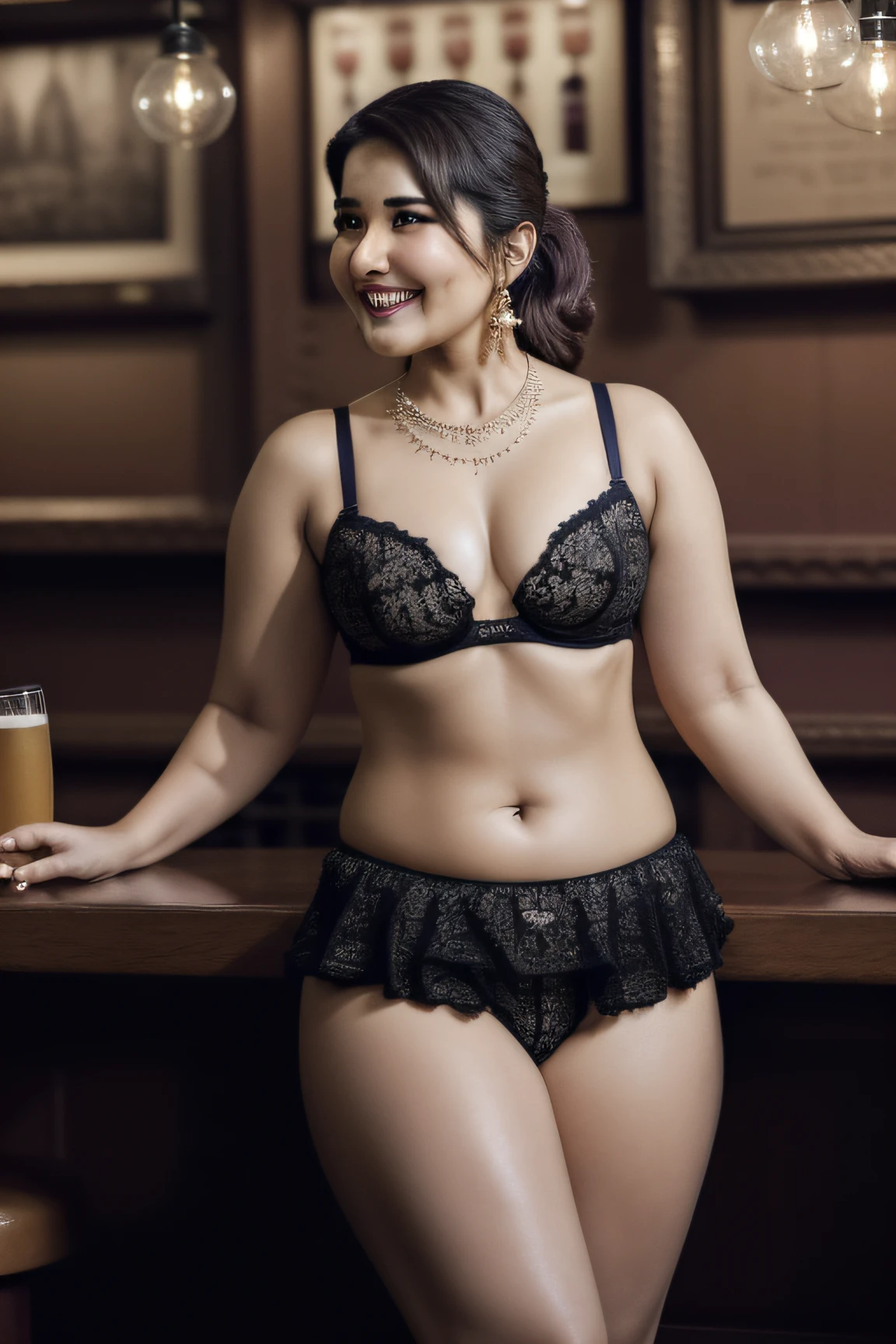 Nsfw, day scene, close up photo of rashi khanna from top full body view, big cheeks, lying in a pub, wide open legs, open arms, Hollywood lips, black see through bra, perfect breasts, armpits, ponytail, necklace, 35 yo, look at viewer and smile, (cinematic:1.3), intricate details, (ArtStation:1.2)