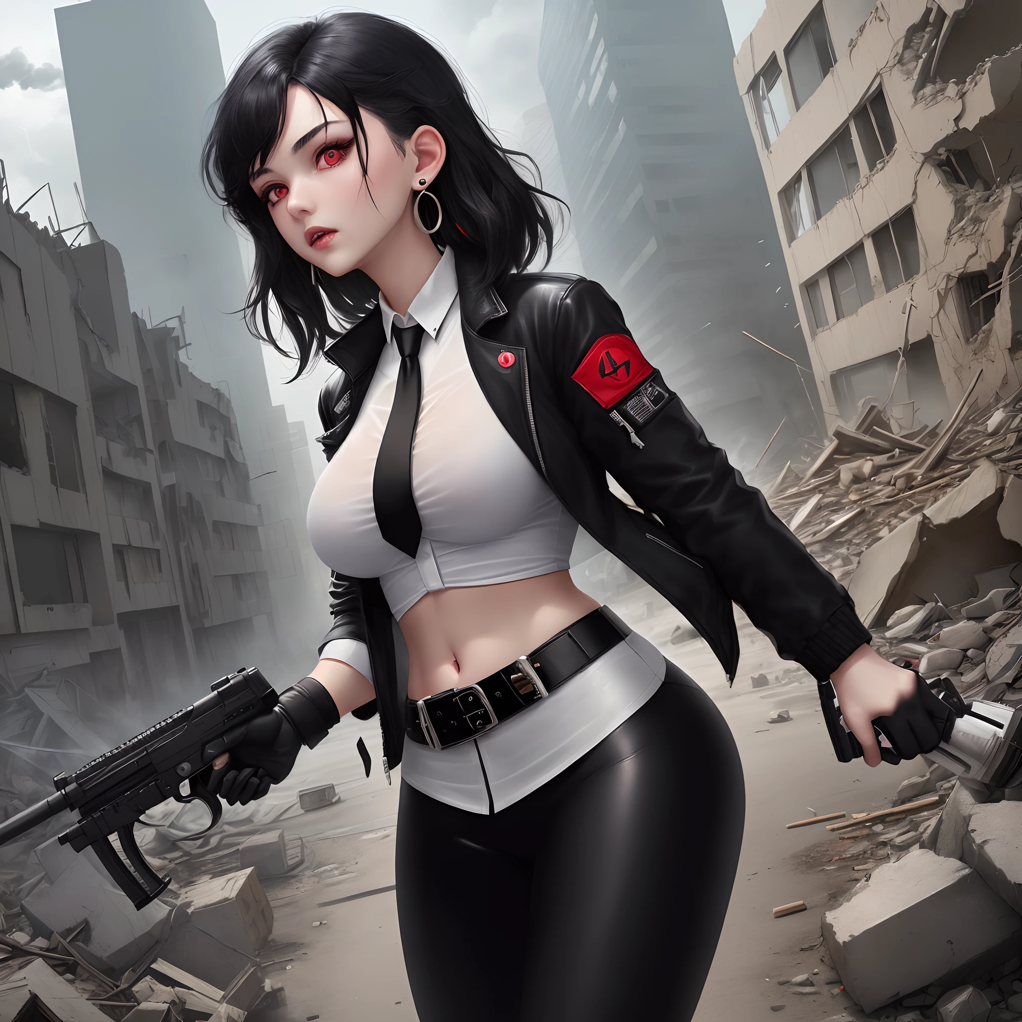 1girl, close up shot, (black hair, medium hair, large breasts, red eyes), perfect anatomy, city, cyberpunk style, ((white shirt, black jacket, black skirt, navel, belt, black gloves, neck tie, wrist watch, earrings, see through black leggings)), ((holding gun)), war, ruined city, battle field, rubble, buildings,cigarette