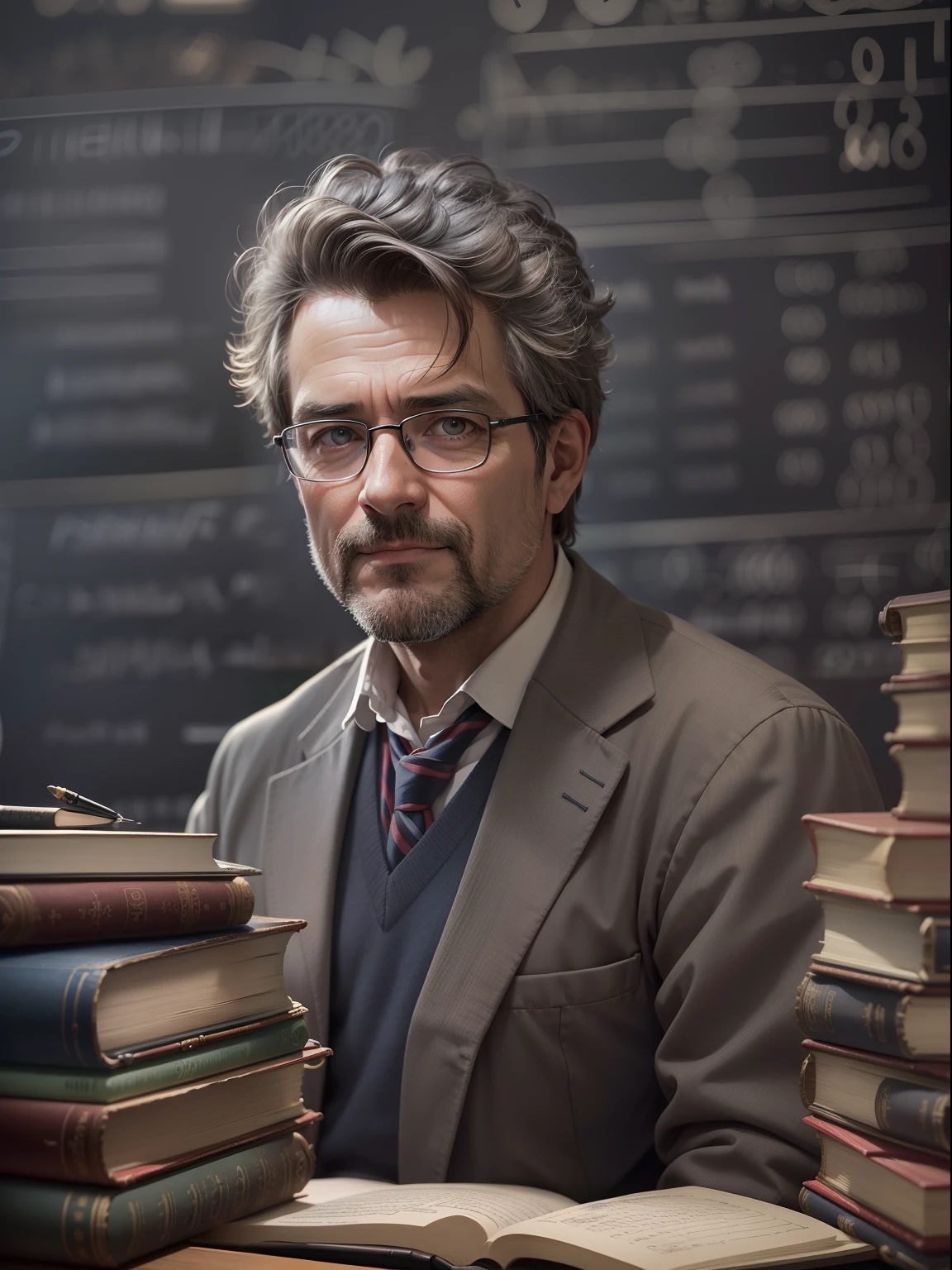 In the classroom,(Professor of Mathematics,Portrait of a 40-year-old male teacher),Bust,classroom desk,many books,pen,blackboards,Real Photographics