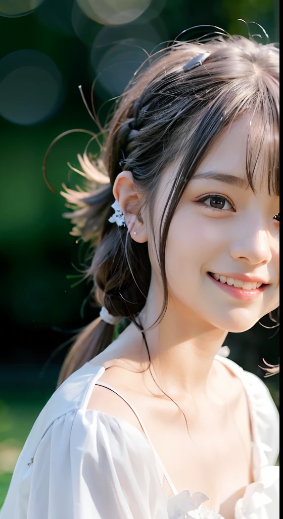 (ultra-detailliert), Cute princess dresses in white color,(frilly dress),(shortsleeves),Blue eyes,The upper part of the body、a closeup、faces、(A smile:1.5),(facing front:1.2), 20yr old, teens girl,no tail,(no tail),2D, ​masterpiece, top-quality, animesque, A detailed eye, A detailed face, girl with, Only 1 person,Silver Hair Medium Hair, (Silvery hair),  Ear Hair, small tits, Single braid, (Single braid), (Side braid), Pink ribbon, Ribbon around the neck, (White sleeves), Background bokeh