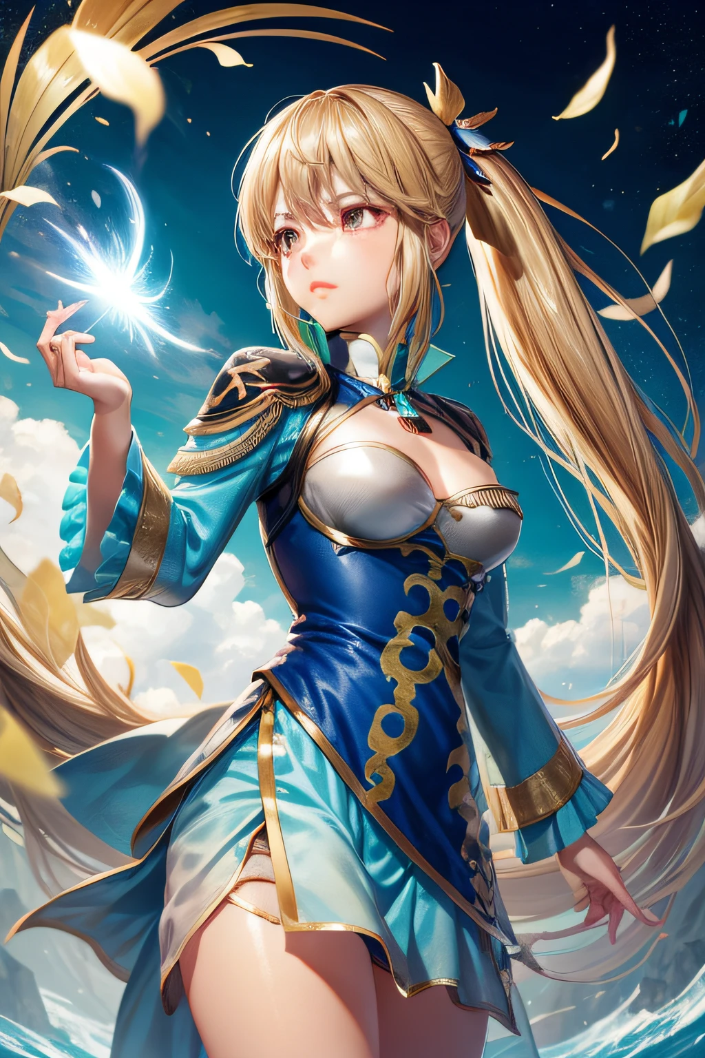 Wang Yuanjie(Wang_Yuanji)、1girl, ​masterpiece、top-quality、ponytail, {小柄}、{{{Sharp eyes}}}、antiquegold hair, huge tit、Drop your gaze、{chill out}、style、battle field、Blue peacock feathers、{dynamic angle}, Cold eyes、