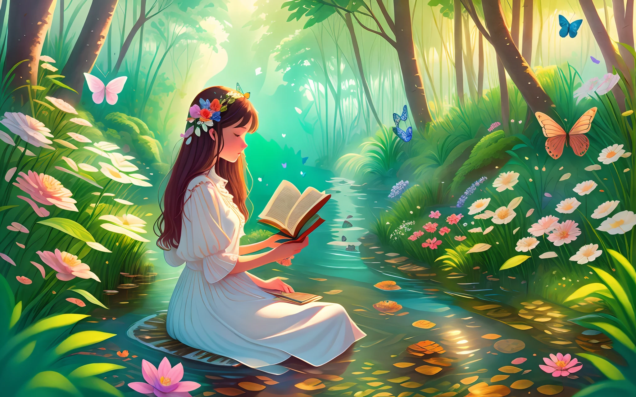 Woman in white dress reading book by the water, a small river in the forest, flowers, butterflies, rainbow, half body, illustration style --auto --s2