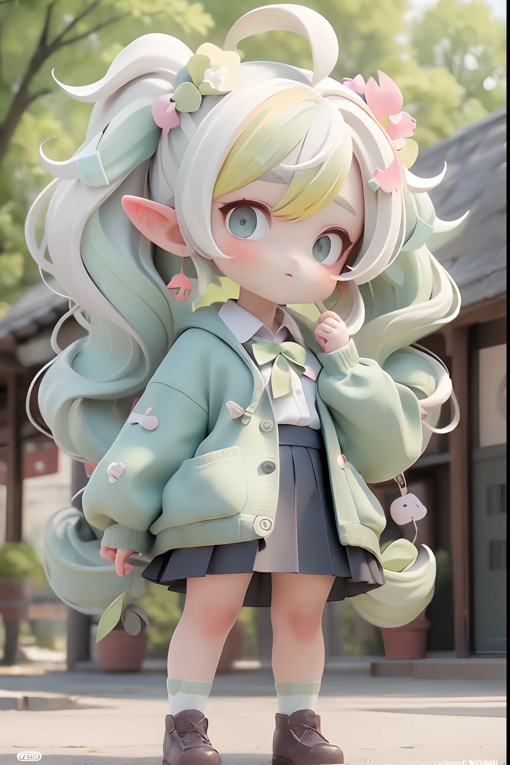 Masterpiece , Best quality,Nahida(Genshin Impact) ,1girll , Small breast,Long hair ,Side ponytail, hair adornments , White hair , Green hair , hand behind head:1.5,multicolored hair, elf , Pointy ears , school uniform , Skirt ,Cardigan,Road , street,looking at viewert