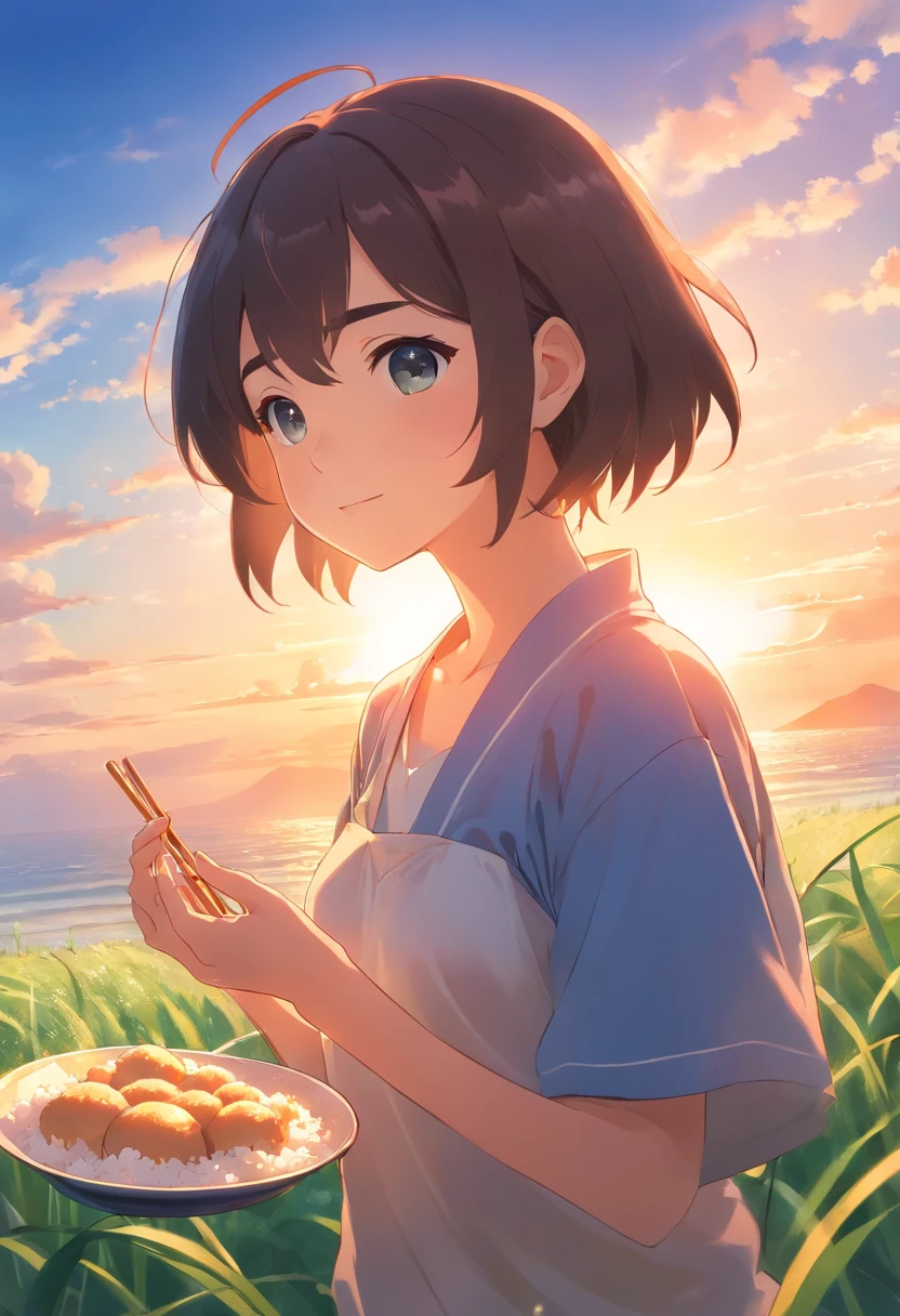 masterpiece、top-quality、Movie stills、1girl、Eating rice balls、Cloud Girl、floating in sky、a closeup、发光、happiness、Warm soft lighting、the setting sun、(Spark:0.7)