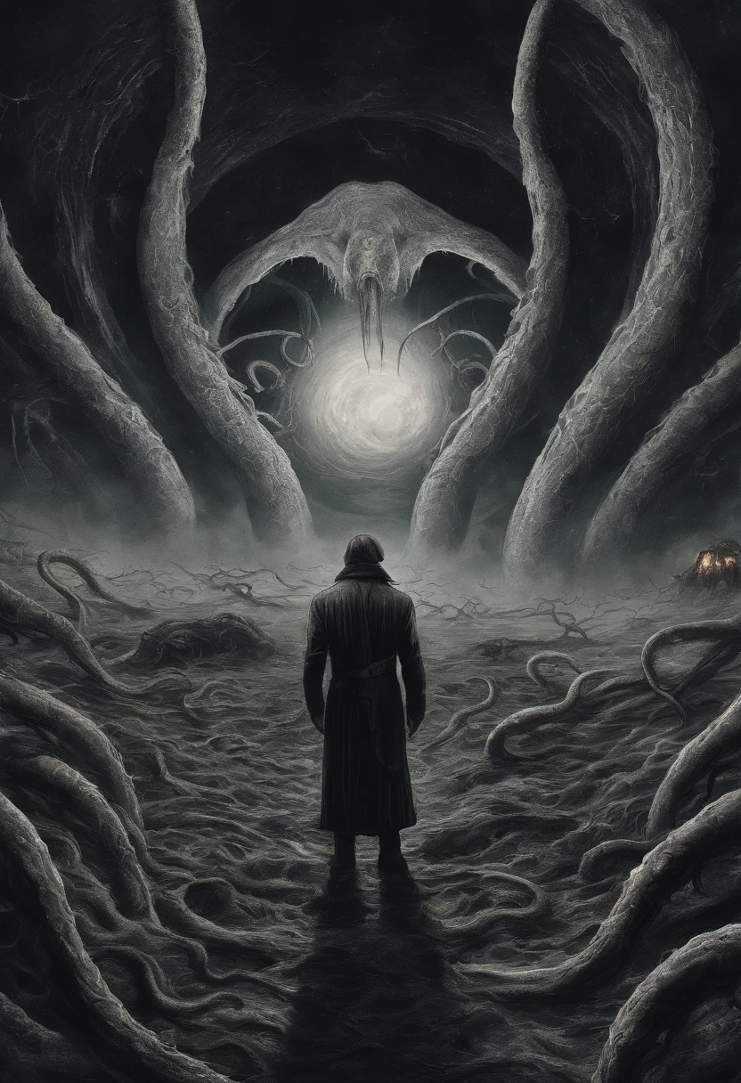 There is a planet in the middle, tentacles in universe, lovecraftian inspiration, Lovecraftian cosmic fear, lovecraftian hellscape, fantasy and cosmic horror movie, Lovecraftian atmosphere, lovecraftian, a planet in open space