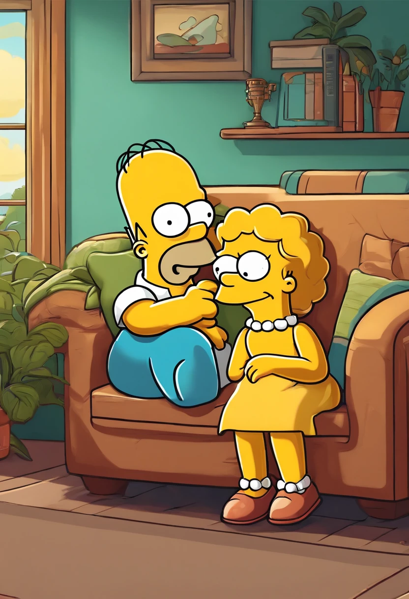 convert the woman and girl to simpsons cartoon style, simpsons yellow faces, simpsons yellow arms and hands, render a woman and a young girl sitting on a couch and hugging in Simpsons style, Simpsons Cartoon conversion