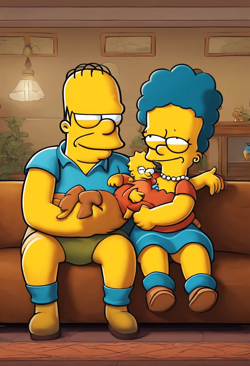 convert the woman and girl to simpsons cartoon style, simpsons yellow faces, simpsons yellow arms and hands, render a woman and a young girl sitting on a couch and hugging in Simpsons style, Simpsons Cartoon conversion