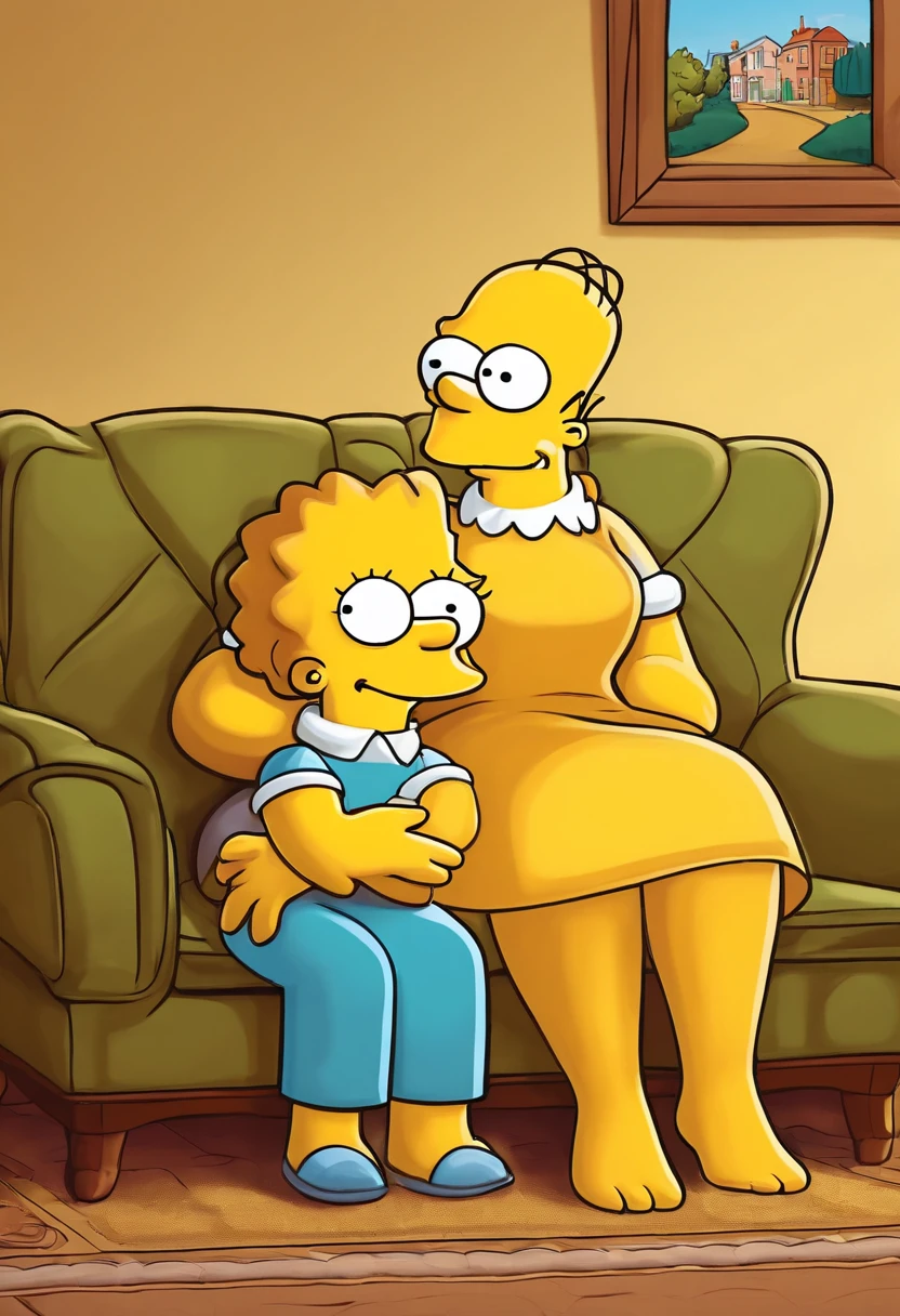 convert the woman and girl to simpsons cartoon style, simpsons yellow faces, simpsons yellow arms and hands, render a woman and a young girl sitting on a couch and hugging in Simpsons style, Simpsons Cartoon conversion