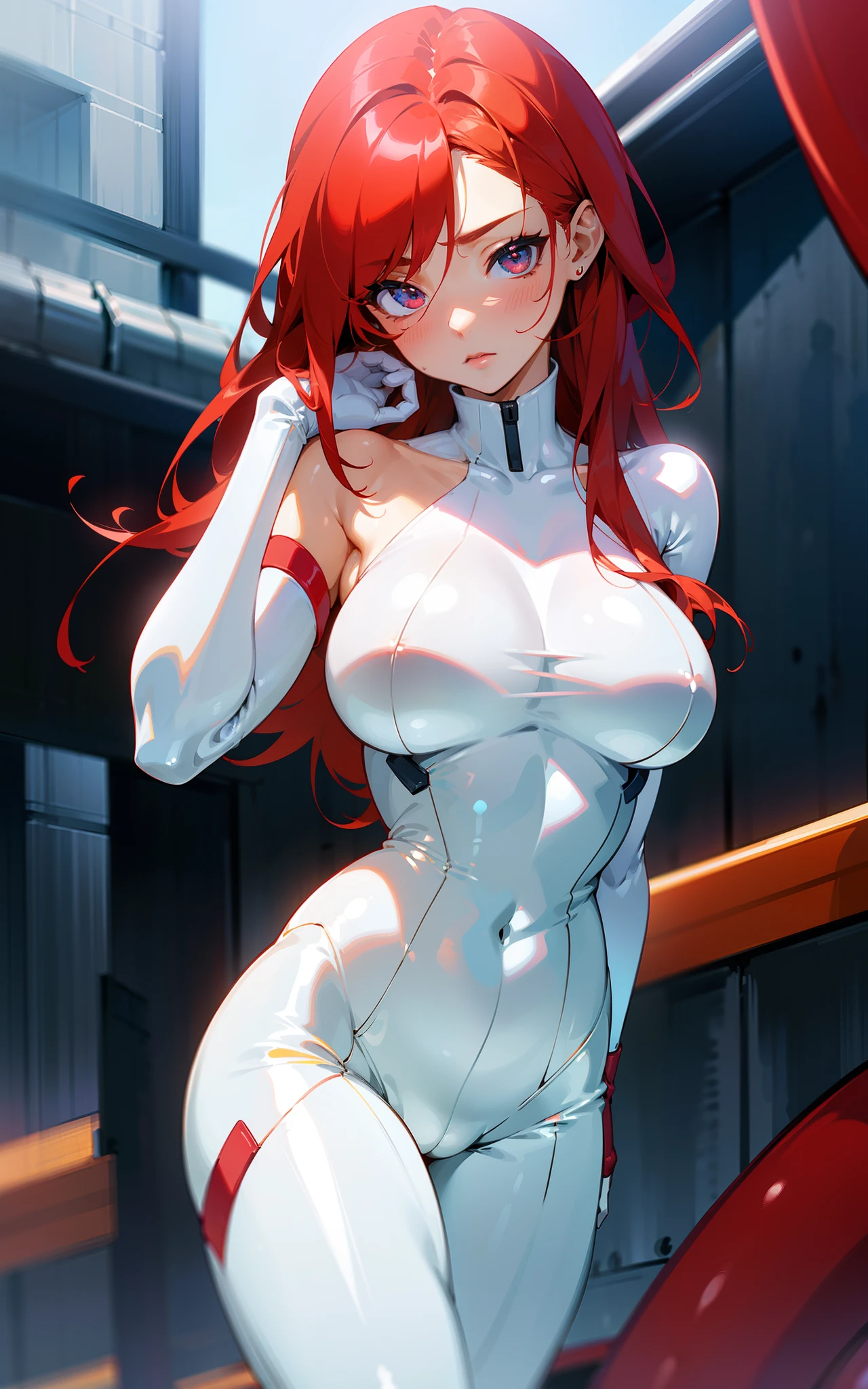 1girl in, ((Shiny skin)), (Red hair), ((Open thighs)), (Splattering sweat), , Body climax, , ((white rubber suit)), I can see the cleavage,On the roof of a building, Look at viewers, face to viewer,((shoulder-length hair)), (straight haired),(( close-up)),hands above your head, Large breasts,Colossal tits
