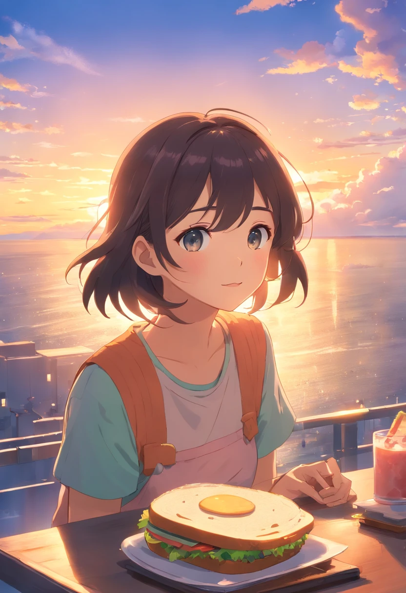 masterpiece、top-quality、Movie stills、1girl in、Eating a sandwich、Cloud Girl、floating in sky、a closeup、发光、Happiness、Warm and soft lighting、the setting sun、(Spark:0.7)
