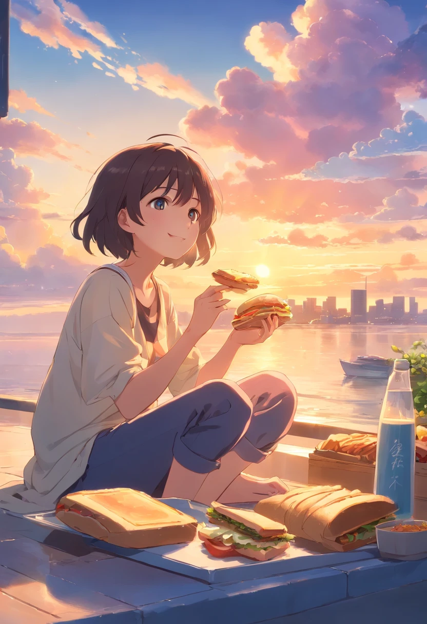masterpiece、top-quality、Movie stills、1girl in、Eating a sandwich、Cloud Girl、floating in sky、a closeup、发光、Happiness、Warm and soft lighting、the setting sun、(Spark:0.7)