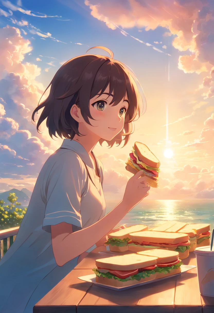 masterpiece、top-quality、Movie stills、1girl in、Eating a sandwich、Cloud Girl、floating in sky、a closeup、发光、Happiness、Warm and soft lighting、the setting sun、(Spark:0.7)