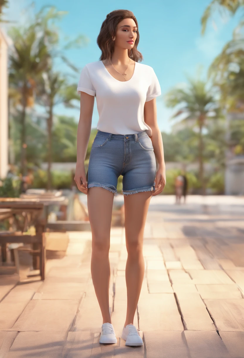 Full body of woman in white t-shirt and denim shorts